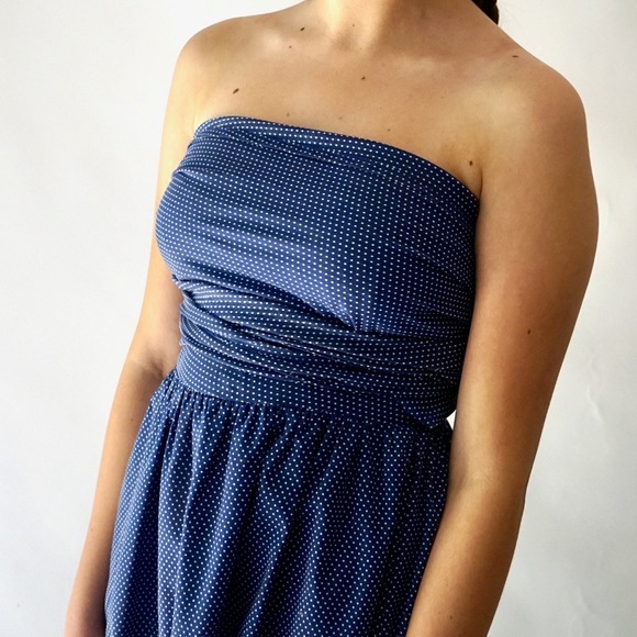 Strapless cotton handmade blue white polkadot dress - Picture 5 of 10